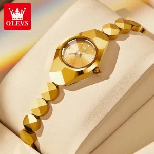 Relógio de pulso feminino, quartzo, OLEVS, Espelho Rhombic, Impermeável, Tungsten Steel Strap, Luxo, Original, 7007