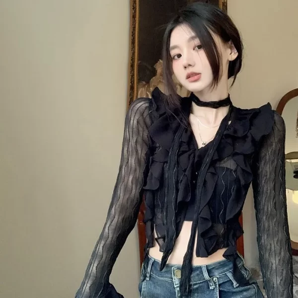 Camisas feminina, elegante Laço Preto Top Colheita, Sexy Gótico Grunge Blusas, Cardigan Transparente, Streetwear Coreano, Y2k. - Image 3