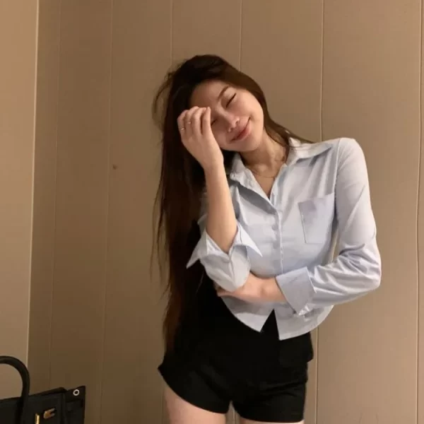 Camisas feminina, pescoço de lapela, manga comprida, ajuste fino, branco, Y2k, E-Girl, simples, sexy, novo - Image 6