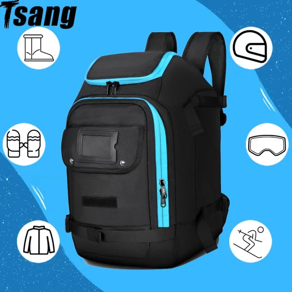 Mochila de esqui impermeável, Saco de esqui ao ar livre, Grande capacidade, Armazenamento respirável do capacete, Pendurar capacete, Saco de esqui ajustável