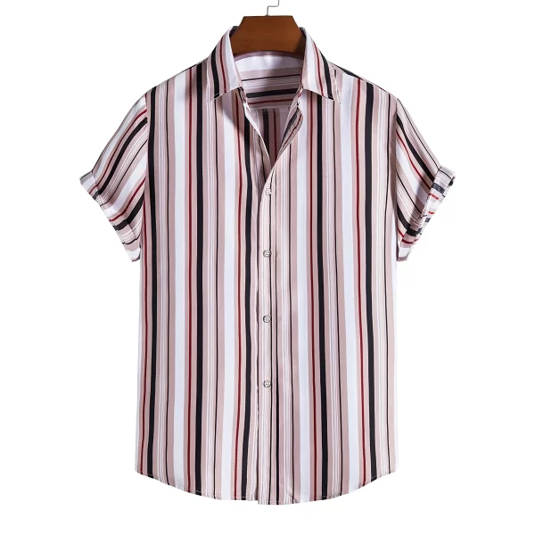 Camisas masculina listradas de manga curta, botões havaianos, blusa quadriculada vermelha de praia, camisa preta e branca, roupas verão - Image 22