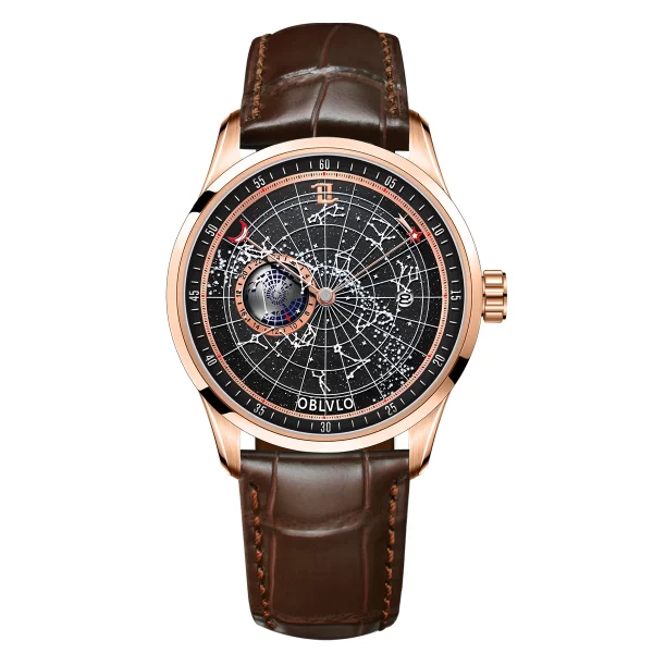 Relógio de pulso mecânico automático masculino, OBLVLO- marca top, impermeável, pulseira de couro, luminoso, estrela da terra, GC - Image 9