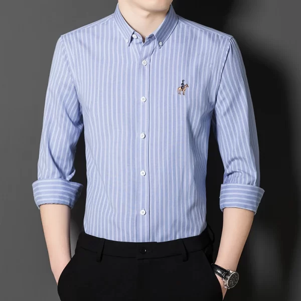 Camisa de manga comprida Oxford Stripes masculina, Clássica, Versátil, Algodão, Casual, Social Fashion, Quatro Estações - Image 2