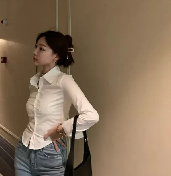 Camisas feminina, pescoço de lapela, manga comprida, ajuste fino, branco, Y2k, E-Girl, simples, sexy, novo - Image 2