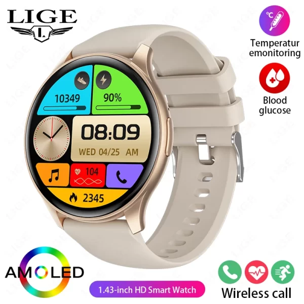 Relógio de pulso feminino, LIGE-Smartwatch esportivo à prova d'água, AMOLED, 1,43 "tela HD, monitor de glicose sanguínea, chamada Bluetooth, IP68, 466x466, novo - Image 8