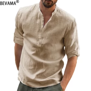 Camisa casual de linho algodão masculina, blusa solta, monocromática, manga longa, primavera, outono, blusas tamanho grande