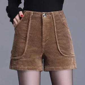 Shorts/Calções de veludo casual feminino, cintura alta, monocromático, fino, calça reta, roupa vintage, nova moda, outono, inverno