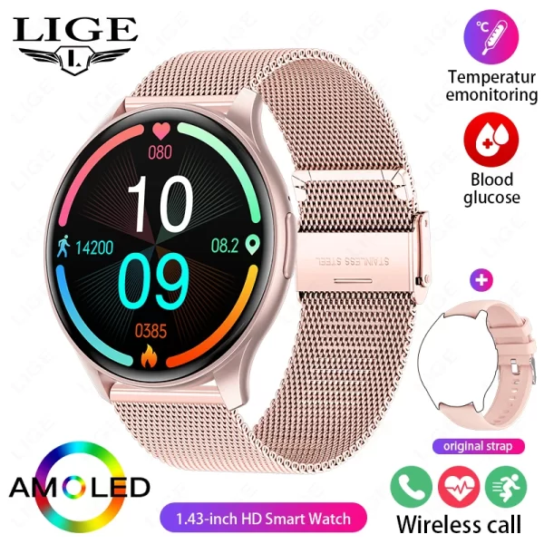 Relógio de pulso feminino, LIGE-Smartwatch esportivo à prova d'água, AMOLED, 1,43 "tela HD, monitor de glicose sanguínea, chamada Bluetooth, IP68, 466x466, novo - Image 13