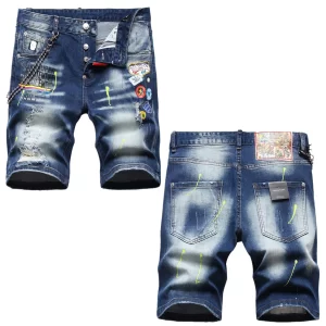 Shorts jeans masculino, rasgados slim-fit, decoração em cadeia, impressão da moda, casuais, elegante, sexy, jeans de rua, leve, luxo.