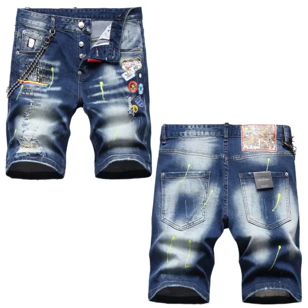 Shorts jeans masculino, rasgados slim-fit, decoração em cadeia, impressão da moda, casuais, elegante, sexy, jeans de rua, leve, luxo.