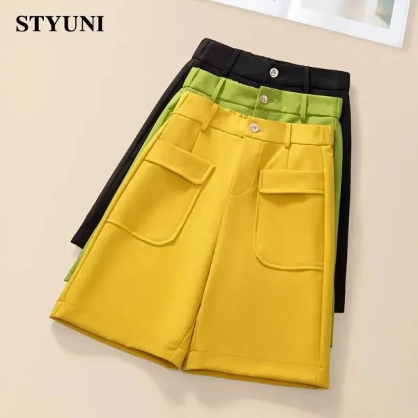 Shorts feminino casual, reto de perna larga, sólido, coreano, cintura alta, botão coreano moda verão primavera - Image 2