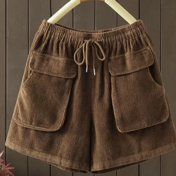 Shorts/Calções feminino de cintura simples de cor sólida, bolso casual em patchwork, shorts finos soltos, outono, inverno, novo.
