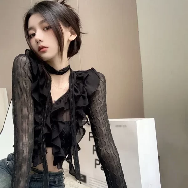 Camisas feminina, elegante Laço Preto Top Colheita, Sexy Gótico Grunge Blusas, Cardigan Transparente, Streetwear Coreano, Y2k. - Image 5