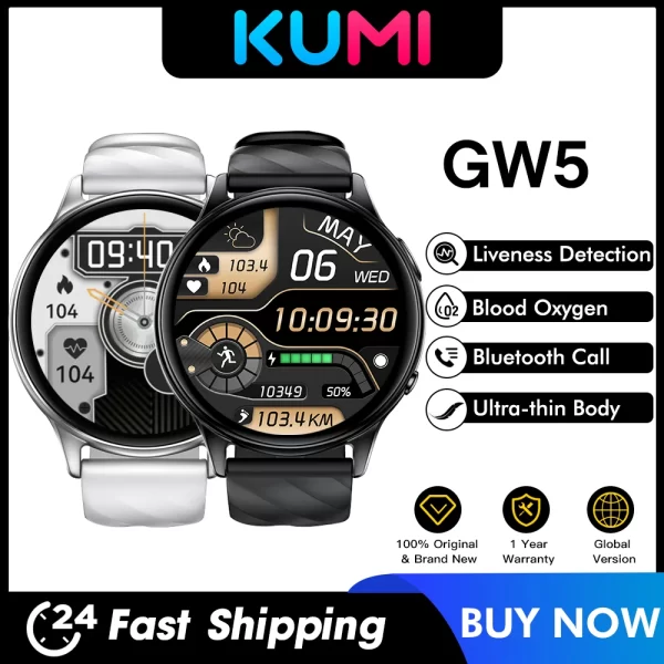 Relógio de pulso inteligente, KUMI GW5 1,39 polegadas NFC Bluetooth 5.2 100+ Esporte Monitor de oxigênio de pressão arterial IP68 à prova d'água