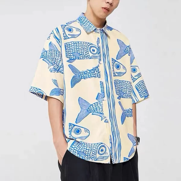 Camisas masculina,  estilo americano extragrande, moda de rua frita, estampa peixe pequeno, camisas casuais personalizadas, tops de verão, novo - Image 7