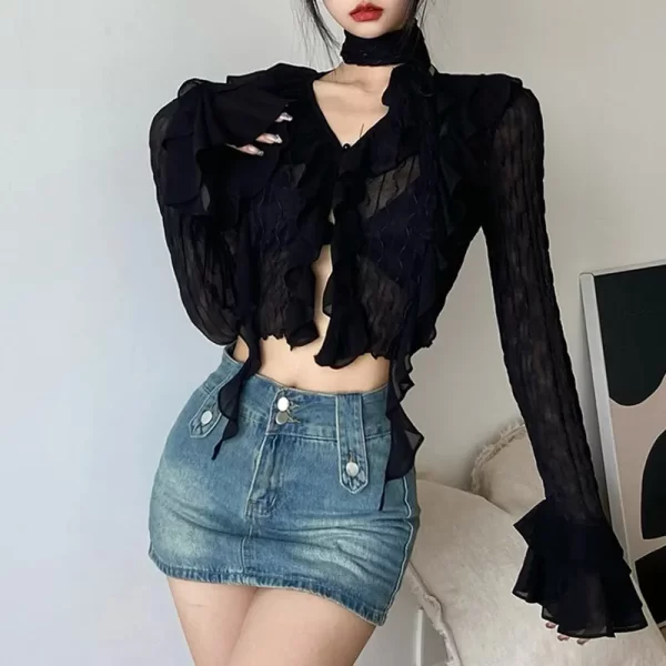 Camisas feminina, elegante Laço Preto Top Colheita, Sexy Gótico Grunge Blusas, Cardigan Transparente, Streetwear Coreano, Y2k. - Image 4