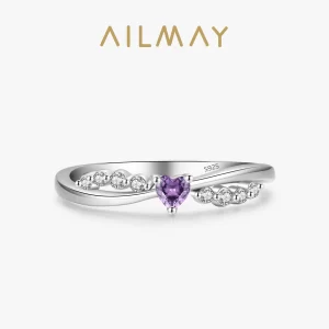 Anel feminino, Ailmay-Romântico Coração Roxo Brilhante CZ, Real 925 Sterling Silver, Jóias Finas na Moda, Presente de Aniversário.