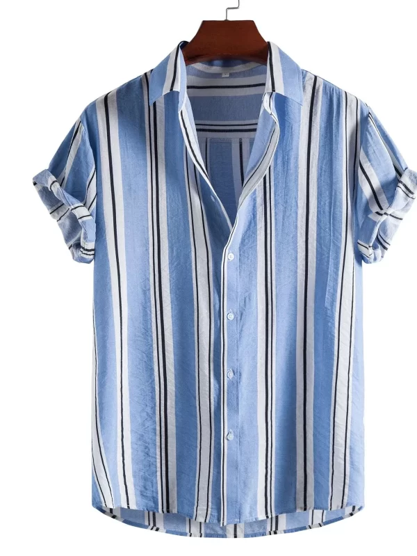 Camisas masculina listradas de manga curta, botões havaianos, blusa quadriculada vermelha de praia, camisa preta e branca, roupas verão - Image 17