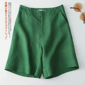 Shorts feminino, Linho Sólido Ocasional Bolso Botão de Cintura Alta Perna Larga, Coreano Moda Solta Reta Verão Suit.