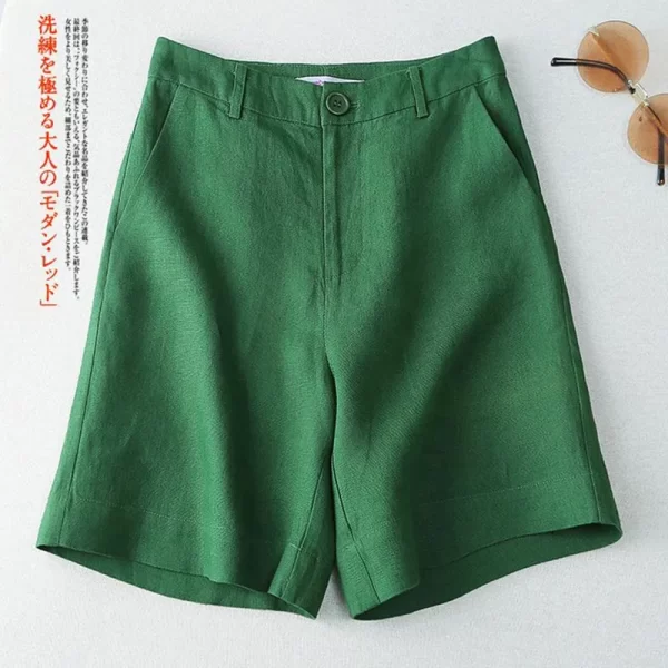 Shorts feminino, Linho Sólido Ocasional Bolso Botão de Cintura Alta Perna Larga, Coreano Moda Solta Reta Verão Suit.
