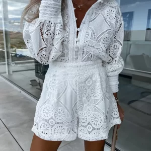 Shorts feminino de renda branca de peito, Foridol-shorts, único, manga comprida, roupas casuais de festa, vintage, primavera, verão, 2 peças