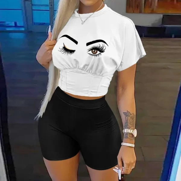 Conjunto de duas peças ( shorts + blusa ), feminino, carta de impressão de manga curta colheita corset t-shirt & senhoras cintura alta shorts calças. - Image 4