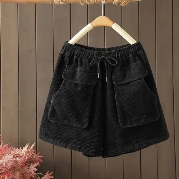 Shorts/Calções feminino de cintura simples de cor sólida, bolso casual em patchwork, shorts finos soltos, outono, inverno, novo. - Image 3
