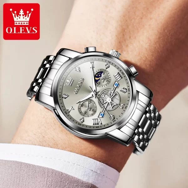 Relógio de pulso masculino de aço inoxidável, OLEVS, Cronógrafo, Fase da Lua, Impermeável, De Quartzo Luminoso, Marca De Luxo - Image 6