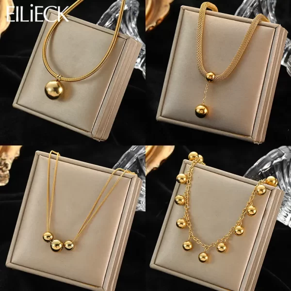 Colar de pingente feminino, EILIECK- Oco Bola, Aço Inoxidável, Cor Dourada, Contas, Gargantilha não desbotada, Jóias, Presentes de Festa, 316L.