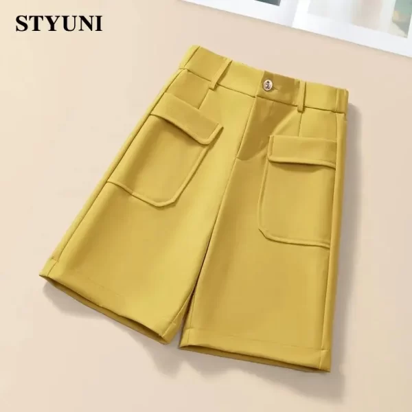 Shorts feminino casual, reto de perna larga, sólido, coreano, cintura alta, botão coreano moda verão primavera - Image 4
