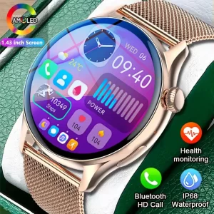 Relógio de pulso feminino, HYTRON-impermeável esportes relógio inteligente, sempre exibe o tempo, chamada Bluetooth, IP68, AMOLED, 1,43 "tela HD, 466x466