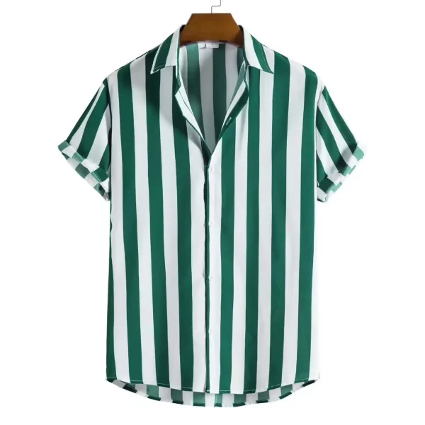 Camisas masculina listradas de manga curta, botões havaianos, blusa quadriculada vermelha de praia, camisa preta e branca, roupas verão - Image 9