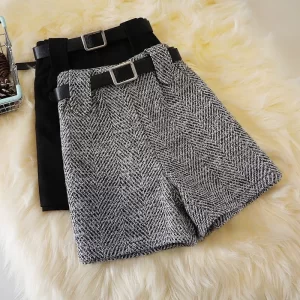 Shorts de perna larga estilo coreano feminino, cintura alta, fino, casual, linha A, lã, outono, inverno, nova moda