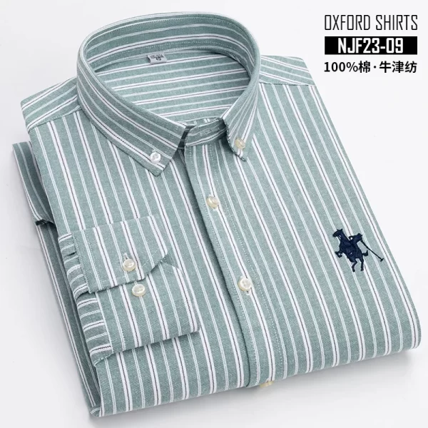Camisas masculina listrada de manga comprida, tops lisos, roupas de escritório, 100% algodão, camisa completa, roupas casuais inteligentes. - Image 14