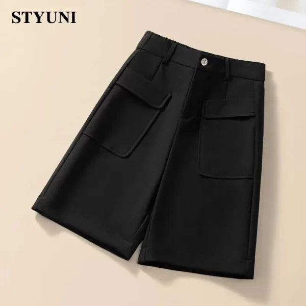 Shorts feminino casual, reto de perna larga, sólido, coreano, cintura alta, botão coreano moda verão primavera - Image 3