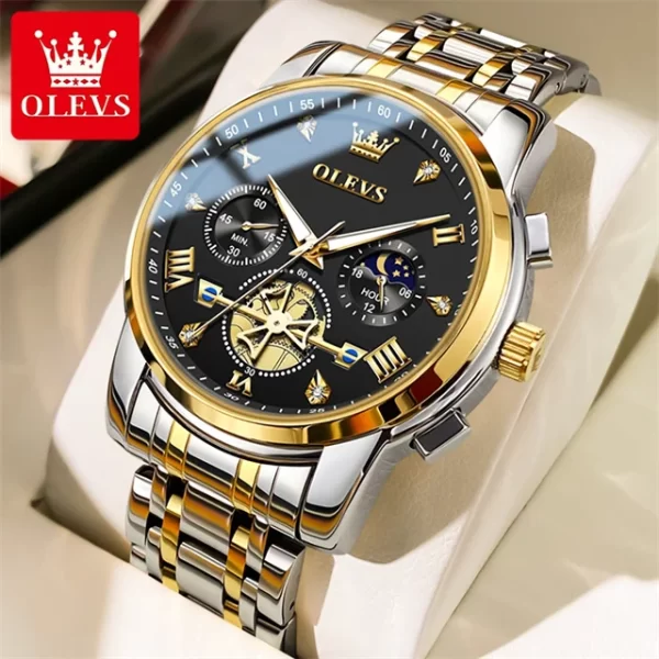 Relógio de pulso masculino de aço inoxidável, OLEVS, Cronógrafo, Fase da Lua, Impermeável, De Quartzo Luminoso, Marca De Luxo - Image 8