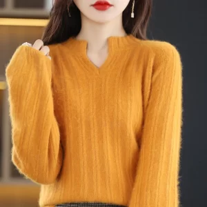 Suéter de malha com decote em v feminino 100% Mink Cashmere, pulôver macio, engroçado, novo, outono e inverno.