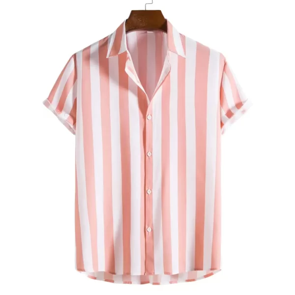 Camisas masculina listradas de manga curta, botões havaianos, blusa quadriculada vermelha de praia, camisa preta e branca, roupas verão - Image 21