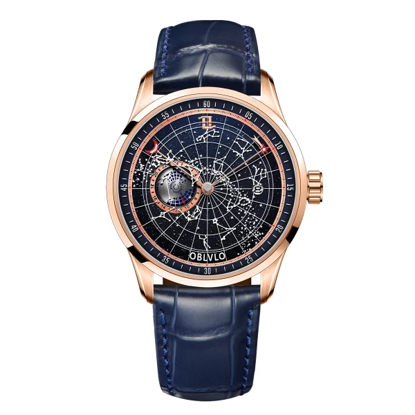 Relógio de pulso mecânico automático masculino, OBLVLO- marca top, impermeável, pulseira de couro, luminoso, estrela da terra, GC - Image 8