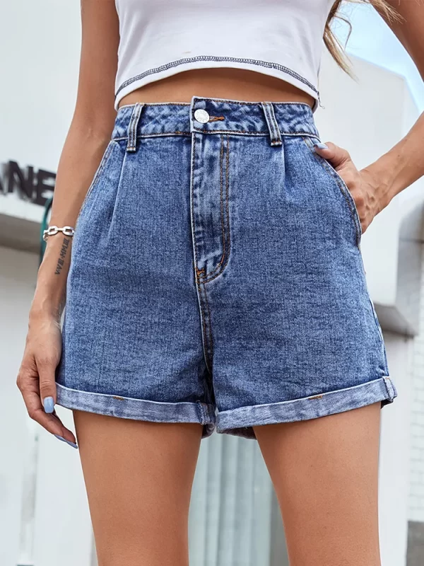 Shorts jeans feminino, Benuynffy-Shorts, monocromáticos de cintura alta, retos, streetwear casual, bolso feminino, bainha enrolada, verão. - Image 4