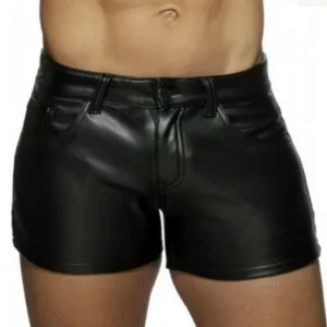 Shorts de couro PU estilo punk masculino, cor sólida, casual, curto, clube, tendência da moda, verão.