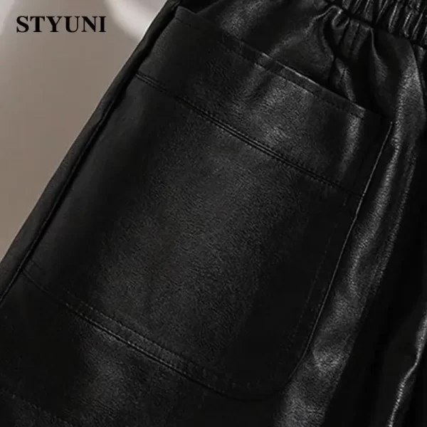 Shorts de couro casual feminino, cintura alta elástica, perna larga, calça solta, preto, moda coreana, inverno, monocromático. - Image 5
