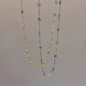 Colar/gargantilha feminino retrô de pedras preciosas de cristal arco-íris, colar colorido de zircão, corrente de clavícula simples