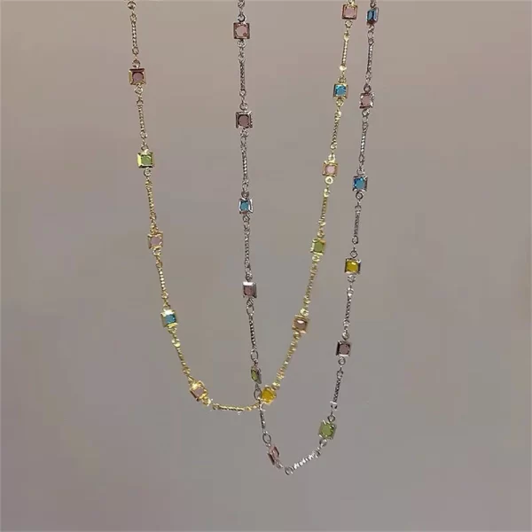 Colar/gargantilha feminino retrô de pedras preciosas de cristal arco-íris, colar colorido de zircão, corrente de clavícula simples