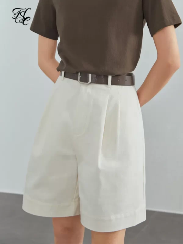 Shorts feminino, Fsle, jeans brancos, 100% algodão, sexy, cintura alta, vintage, cinto, solto, verão.