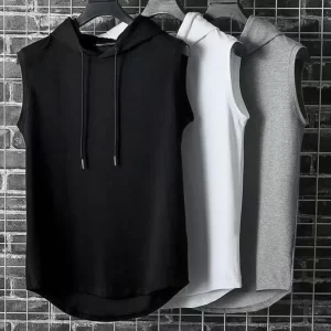 Coletes masculino sem mangas com capuz, muscular, seda gelo, musculação, ginásio, treino, camisa fitness, tops de hip hop, alta qualidade, verão