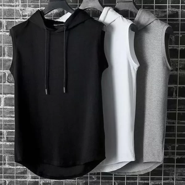 Coletes masculino sem mangas com capuz, muscular, seda gelo, musculação, ginásio, treino, camisa fitness, tops de hip hop, alta qualidade, verão