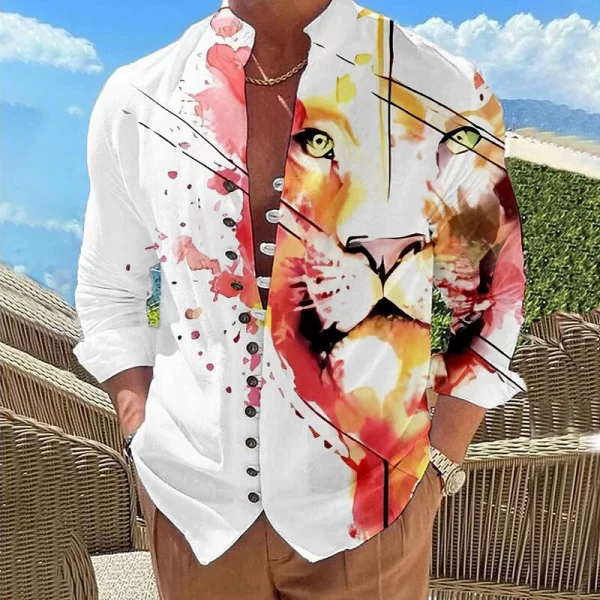 Camisas masculina estampada de peito único, leão animal, casual, gola em pé, manga comprida, top, moda ao ar livre - Image 3