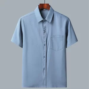 Camisas masculina casuais de seda gelo, gola baixa, tops soltos e confortáveis, manga curta sólida, moda empresarial, verão
