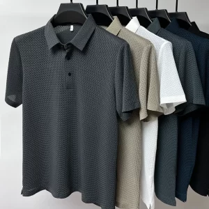 Camiseta de seda gelo de malha manga curta masculina, de verão fria,  polo de cor sólida, roupas masculinas, meia manga, gola